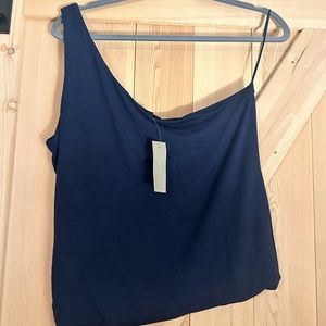 J Crew One shoulder stretch knit navy top.